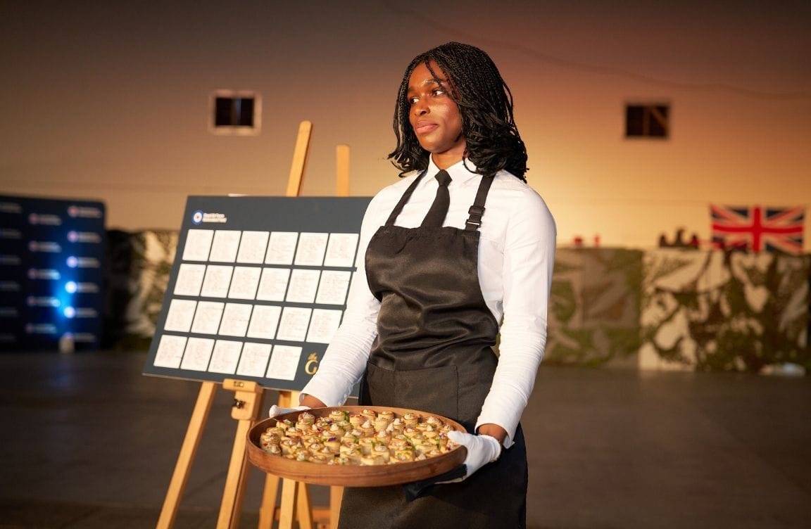 Catering staff carrying canapés at an office event in London
